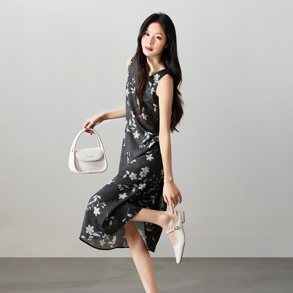 Retro printed round neck sleeveless vest dress 2026 spring fashion versatile mid length dress