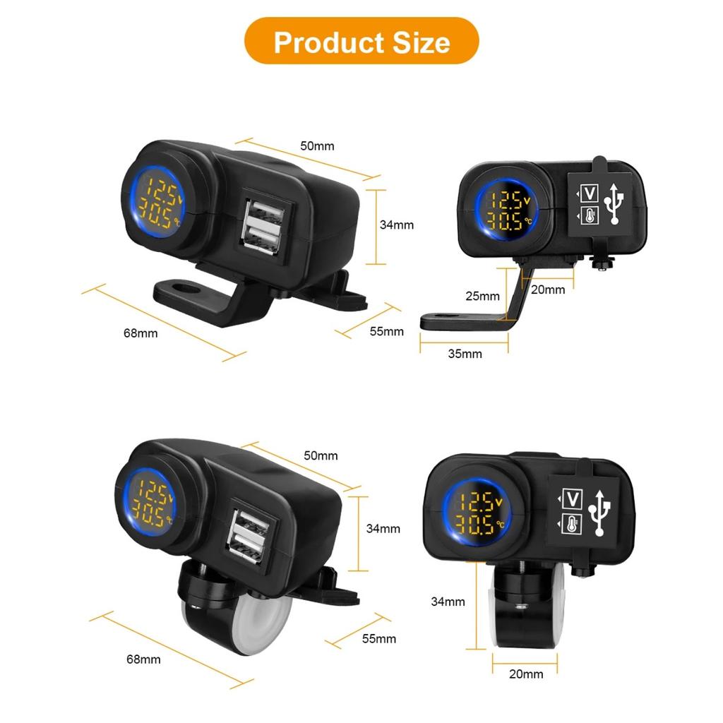Зарядное устройство для телефона на мотоцикле с цифровым дисплеем 36 Вт QC3.0, быстрое зарядное устройство с двумя USB-входами, вольтметром, термометром, адаптером для сотового телефона