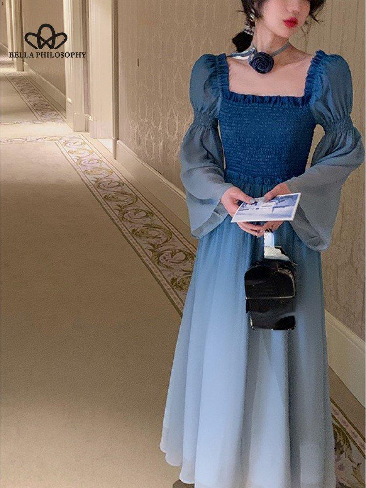 Французское винтажное платье миди, женское повседневное вечернее платье с длинным рукавом, элегантное синее весеннее пляжное цельное платье, корейская мода