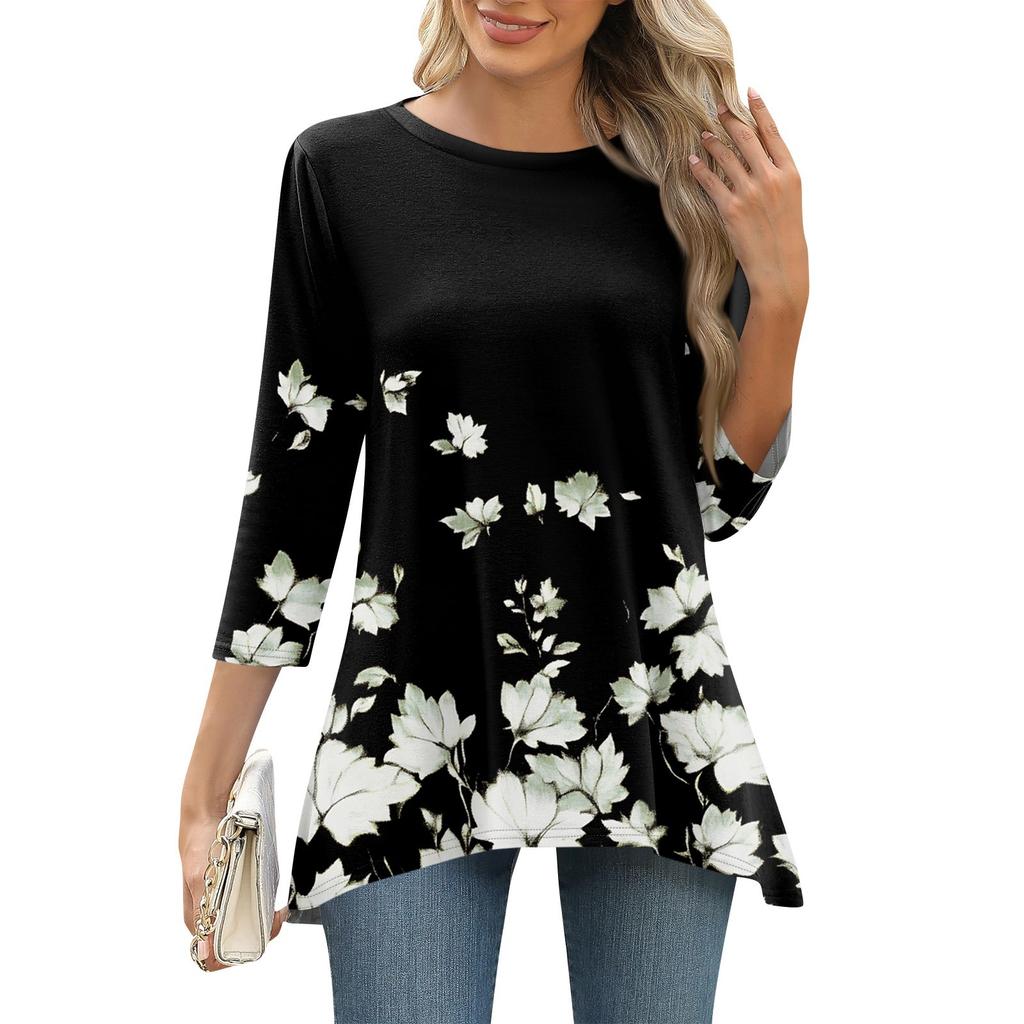 3/4 рукав туника топы для женщин принтованный повседневный выходной свободный крой модная базовая футболка с круглым вырезом