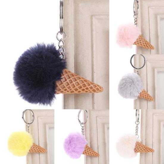 Fluffy Ice Cream Pompom Ball Charm Key Ring Holder Keychain Car Bag Pendant