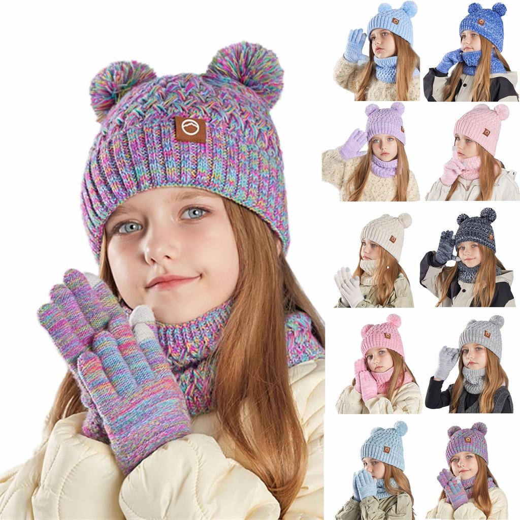 Kids Winter Hat Gloves Scarf Set, Girls Boys Pompom Hats Gloves Knit Set With Thick Fleece Lined For 4-10 Children