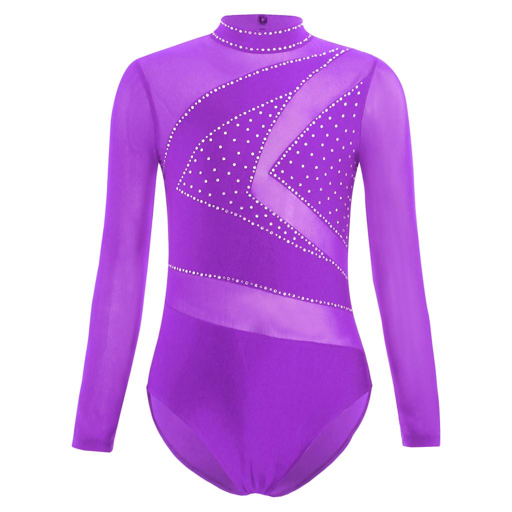 Girls Sheer Mesh Long Sleeve Leotard Cutout Back Sparkly Rhinestone Gymnastics Figure Skating Costume