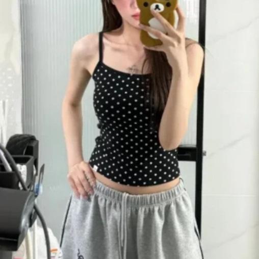Sweet Spice Girl Pink Polka Dot Small Suspender Vest Women's Summer New Slim Skinny Versatile Good-looking Top Trend