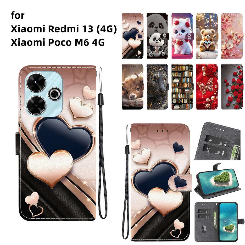 Handmade PU Leather Flip Case for Xiaomi Redmi 13 (4G) / Xiaomi Poco M6 4G Anti-Slip Shockproof Cover with Wrist Strap & Heart/Rose Cat Designs