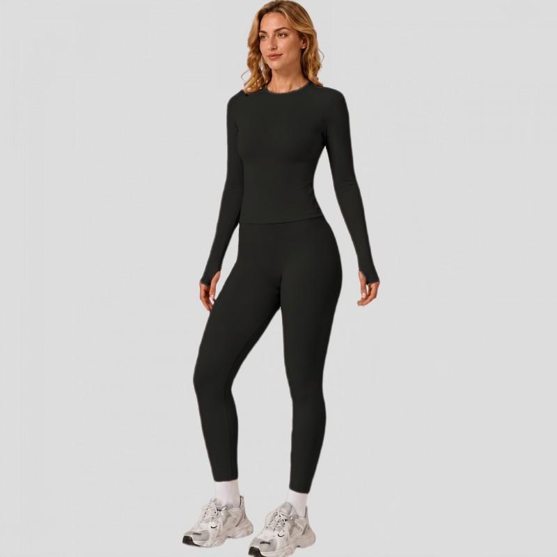 Womens Seamless Yoga Set With Waist-Slimming Design Quick-Dry Long Sleeve Top Leggings Gym Running Outdoor Fitness