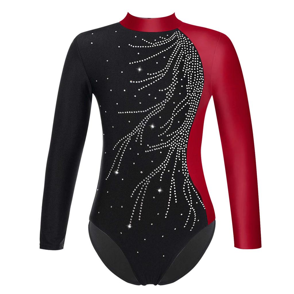 Girls Kids Sparkly Rhinestones Gymnastic Leotard Long Sleeve Ballet Dance Athletic Workout Bodysuit Unitard
