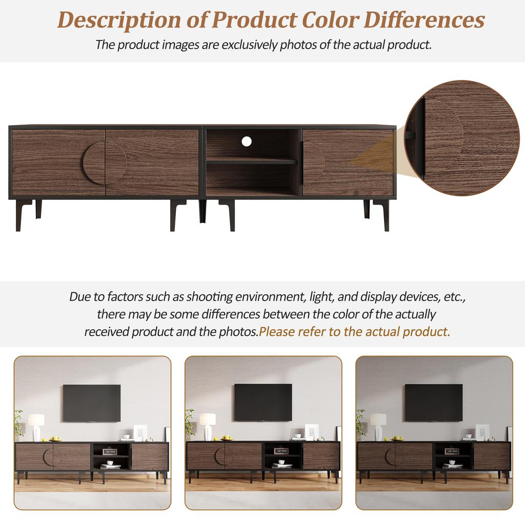 180*35*49cm lowboard TV cabinet with 2 cabinets, TV board with open storage compartments, dark walnut colored, suitable for 80 inch TVs