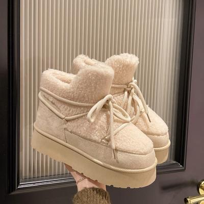 Модные зимние хлопковые ботинки на платформе с перекрестными ремешками, 2025, новые, с флисом и утолщенным тепловым коротким голенищем, слипоны, сноубутсы