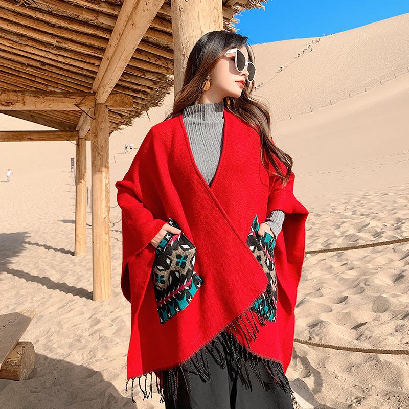 Scarf Women's Winter Outer Split Shawl Imitation Cashmere Thickened Warm Fringed Pocket Cape Desert Travel Photo