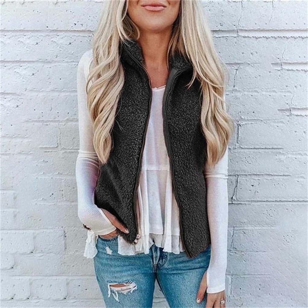 Женское модное однотонное повседневное пальто из плюша с жилетом на молнии