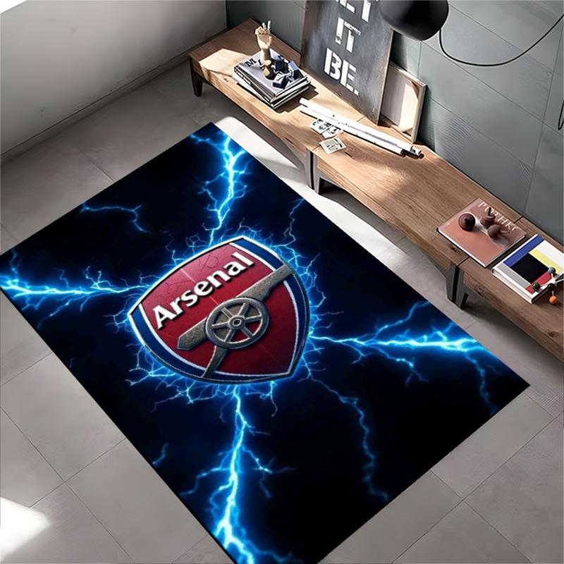 Football Club Area Rug, Arsenal Cannon Crest Blue Lightning Electric Print, Soccer Fan Room Decor, Non-Slip Mat
