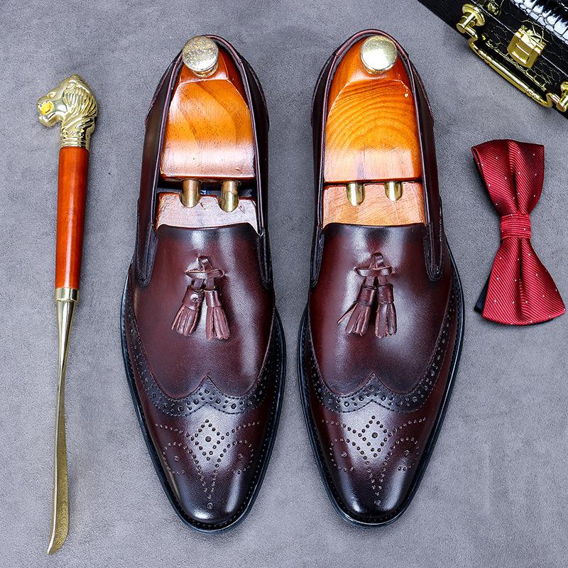 Мужские деловые туфли из натуральной кожи, лоферы с кисточками, черные мужские туфли 2024 года, свадебные туфли, кожаные броги без застежек