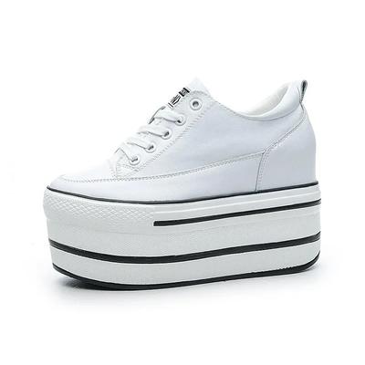 Мода Мода 10,5 см Высокий Толстый Каблук Платформа Балетки Женская Повседневная Обувь Натуральная Кожа Мягкое Качество Повседневная Обувь Кроссовки Белый Черный