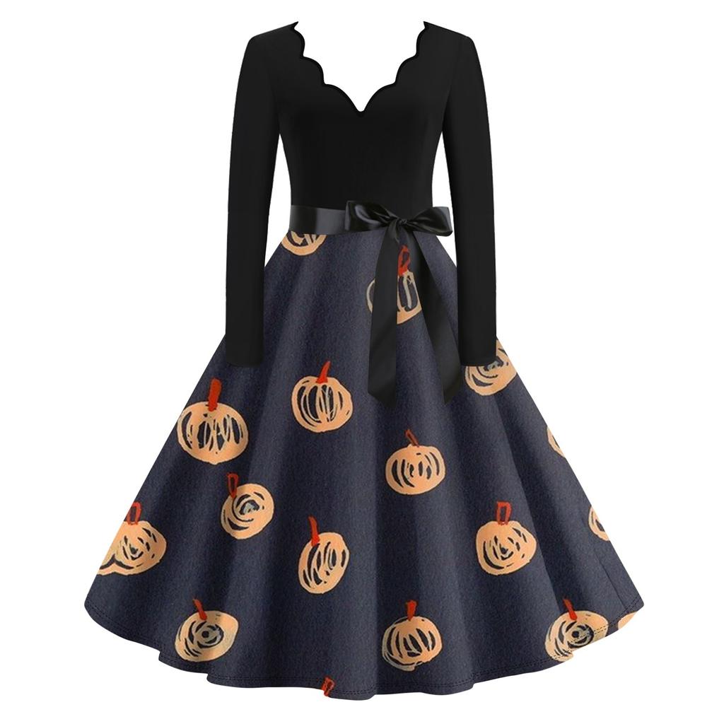 Расклешенное платье с принтом Хэллоуина для женщин Платье с длинным рукавом Повседневные платья