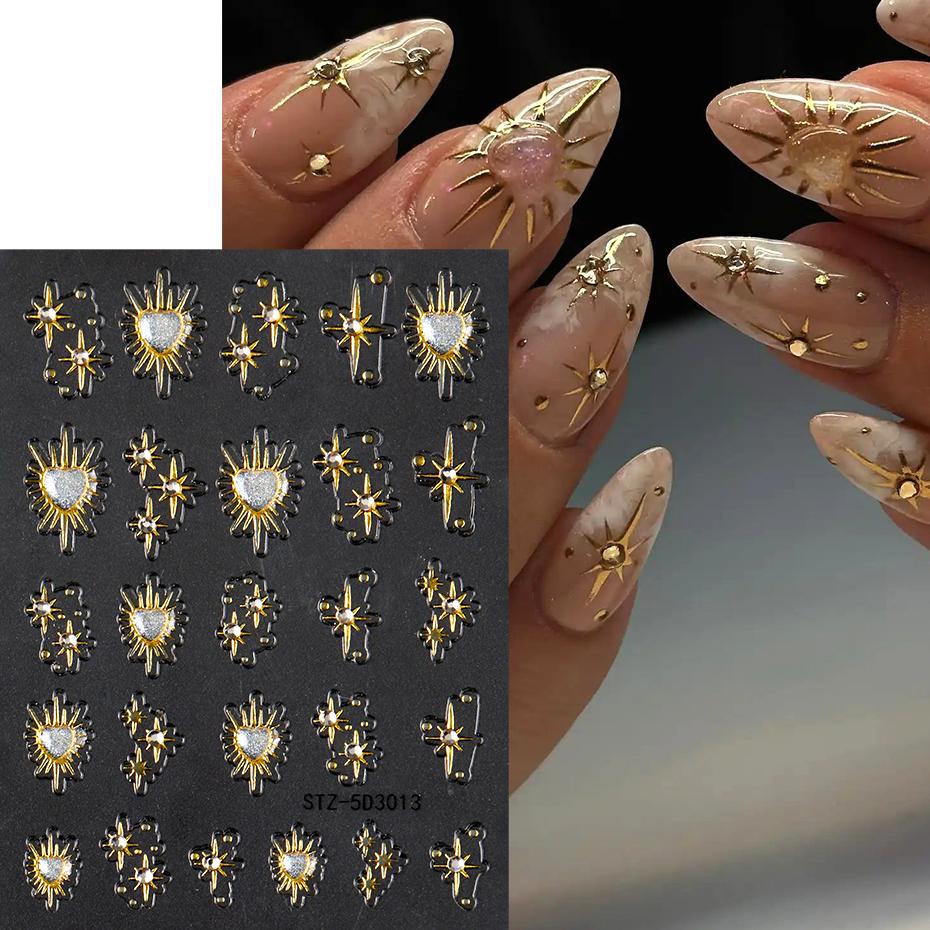 Xiaomi 2pcs Shiny Y2K Golden Heart Star With Rhinestones 3D Nail Art Stickers Decals Adhesive Sliders Nail Charms Decorations Manicure
