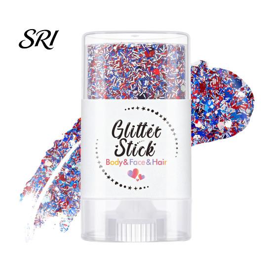 Women Makeup Stick Independence Day Body Glitter Stick, Patriotic USA Flag Face Hair Accessories, Sparkling Red White Blue for 4th of July