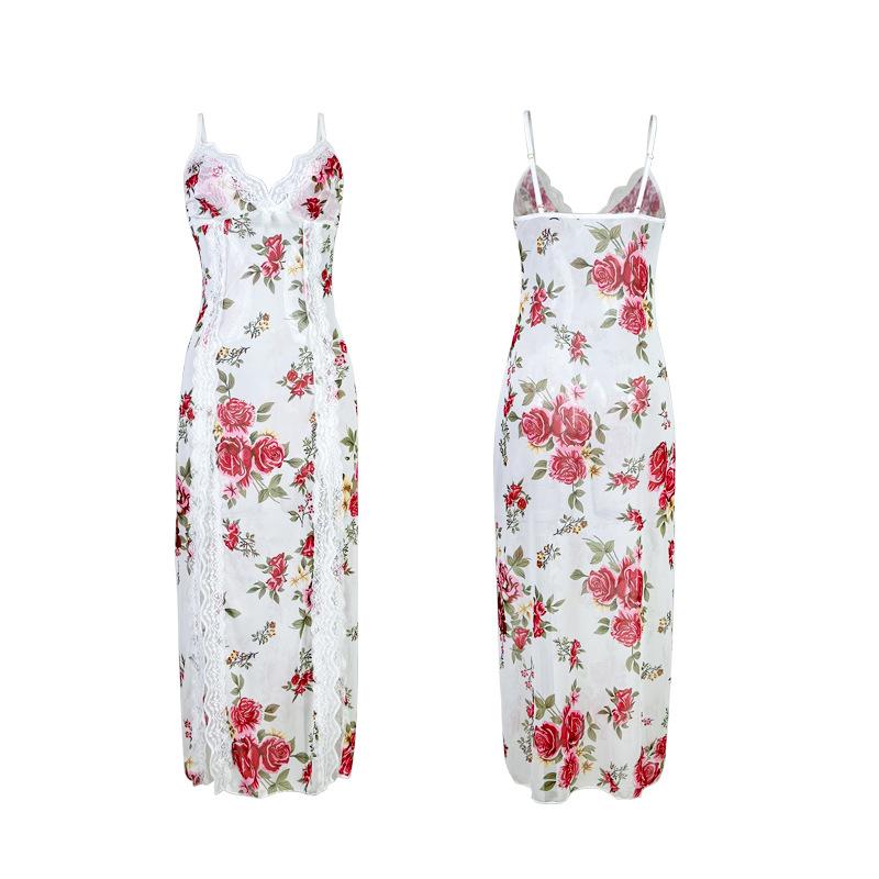 Сетчатая ночная рубашка с цветочным принтом и кружевом, прозрачная, длинная, с высоким разрезом, женская одежда для дома 769, романтичная, женственная, одежда для сна с красивыми цветочными узорами