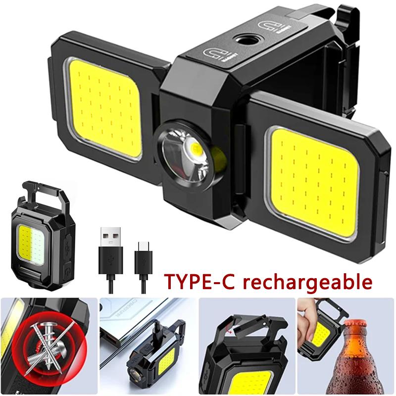 Мини-фонарик-брелок COB Work Light USB перезаряжаемая лампа со складными боковыми огнями на 90° Супер яркие портативные фонари