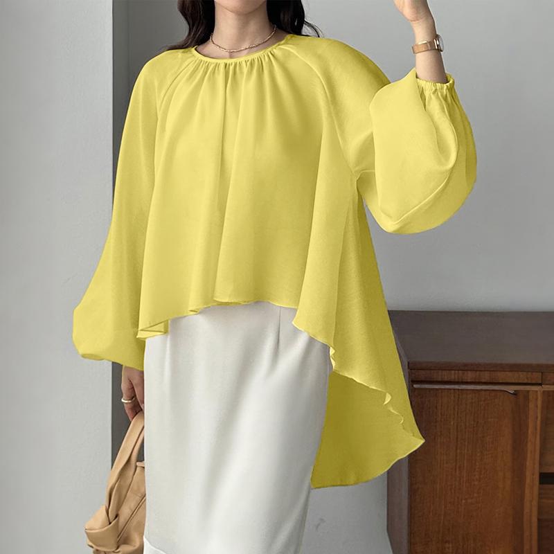 ZANZEA Women Casual Round Neck Loose Long Sleeve Asymmetrical Hem Cover Up Blouse