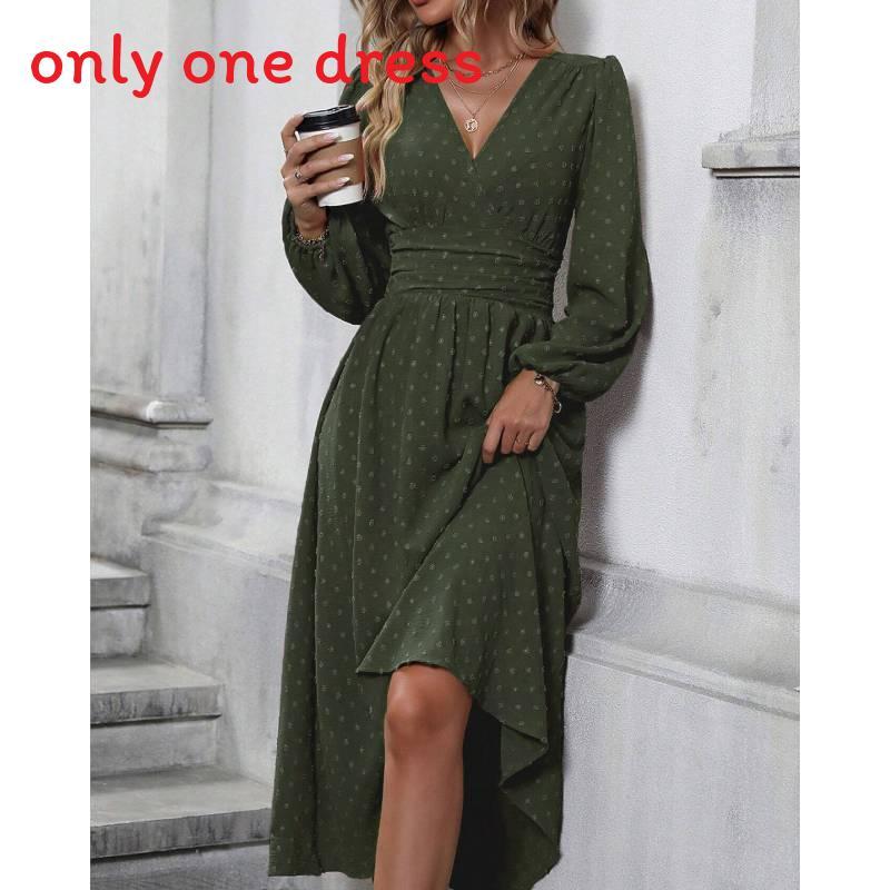 Polyester V Neck Lantern Sleeve Pleated A Line Dress For Autumn Winter Fashion
