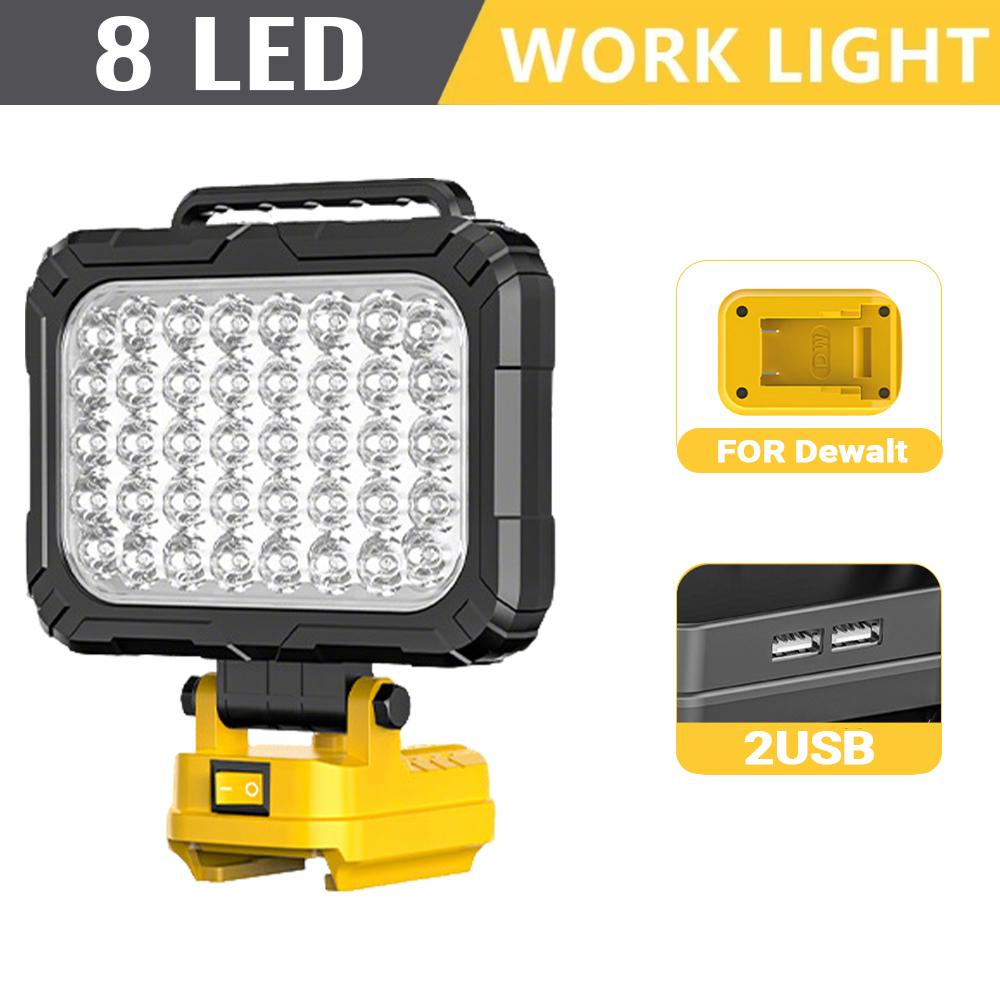 Беспроводной светодиодный рабочий фонарь 1/8 дюйма для аккумулятора DeWalt 18 В, Строительные прожекторы, Портативный уличный фонарь, Двойная USB-зарядка