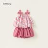 Sweet Floral Pattern Bow Shoulder Strap Design Kid Summer Top And Shorts Set