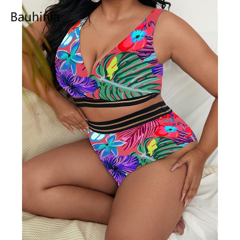 New 4XL Plus Size Swimsuits 2 Pieces Set Women High Waist Push Up Bikini Sets Flower Print Summer Large Bathing Suits