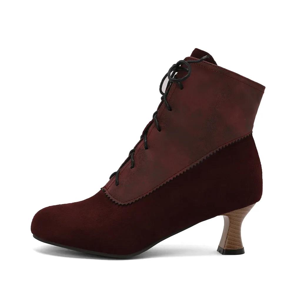 Осень Новые Женские Туфли на Высоком Каблуке на Шнуровке Странные Ботинки Стимпанк Викторианские Ботильоны Женские Круглый Носок Боковая Молния Короткие Ботинки