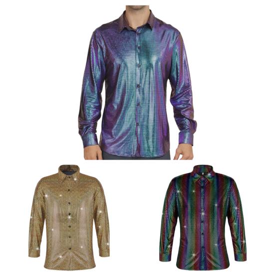 Мужская рубашка для выступлений с блестящей поверхностью и отложным воротником, однобортная рубашка с длинными рукавами и пуговицами, атласная рубашка для клубной вечеринки, дискотека, сценическое шоу