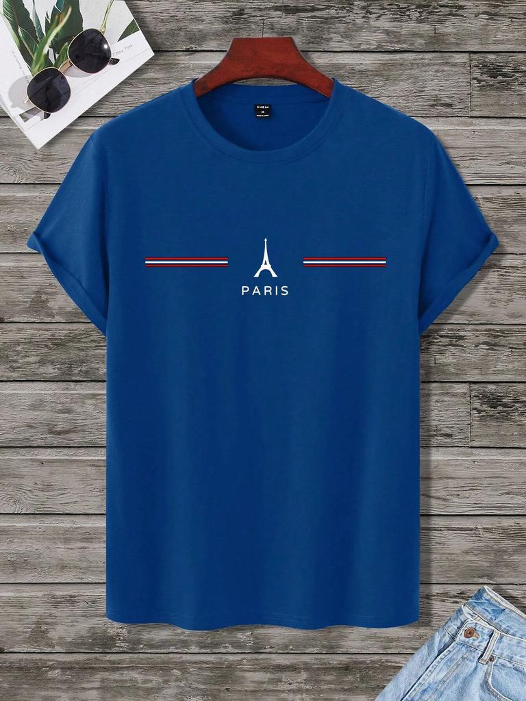 Summer 100% Cotton Men's Loose Size Comfortable Paris Letter Print Slim Casual Sports Round Neck Short Sleeve T-shirt Top