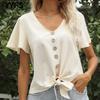 Женские модные повседневные однотонные блузки и рубашки с v-образным вырезом и короткими рукавами с принтом и пуговицами
