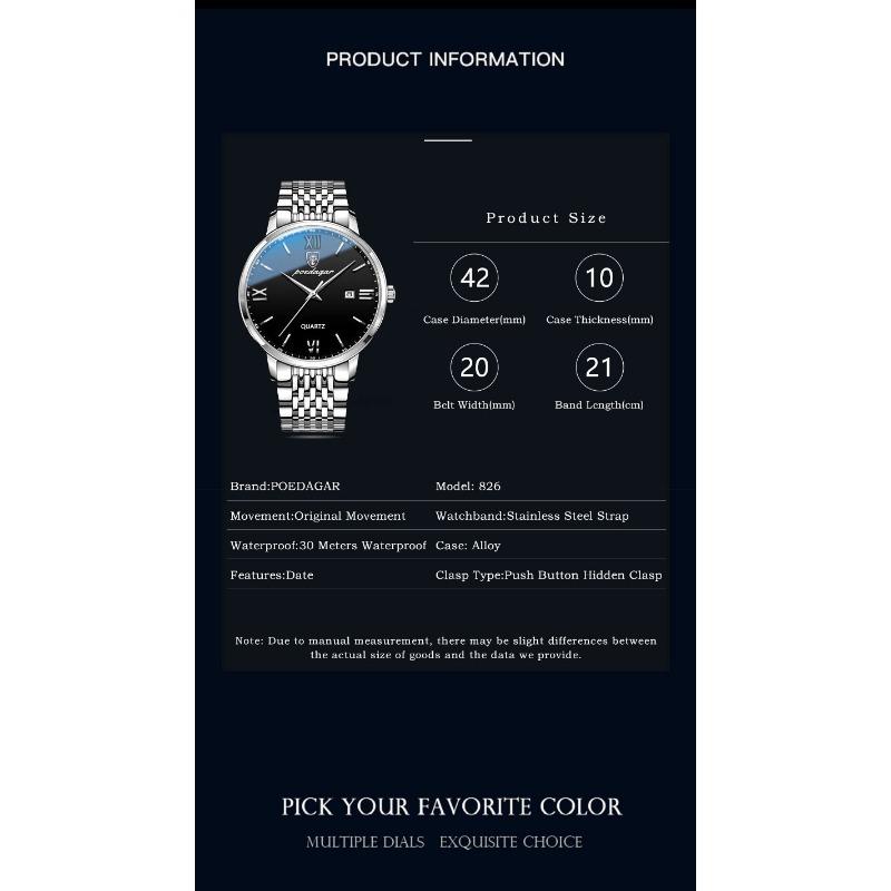 POEDAGAR Luxury Sports Men's Wristwatch Stainless Steel Waterproof Date Watch High Quality Casual Fashion Quartz Watches