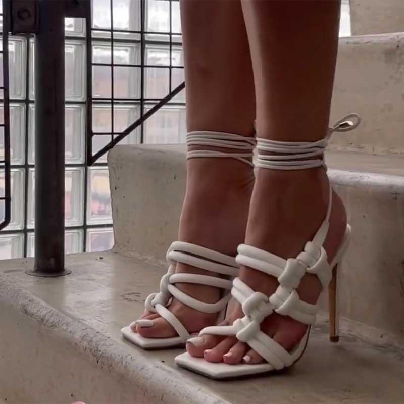 Летние роскошные босоножки с ремешком на щиколотке для женщин, сексуальные босоножки с открытым носком, шнуровка со стразами, тонкие туфли-лодочки на высоком каблуке для вечеринок
