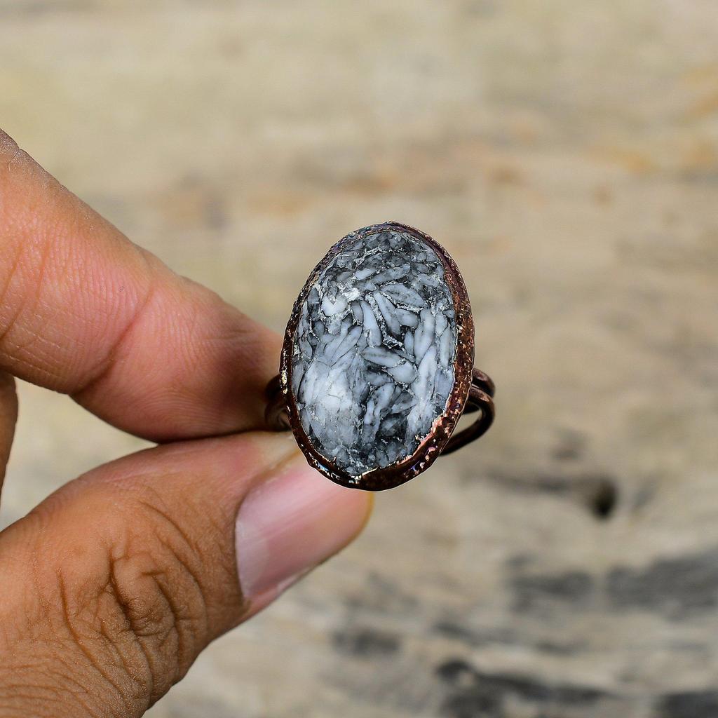 Кольцо из пинолита с яшмой, медное кольцо, изготовленное методом гальванопластики, ювелирные изделия ручной работы с драгоценными камнями, регулируемые кольца, ювелирные изделия, изготовленные методом гальванопластики, уникальное кольцо, подарок на годовщину