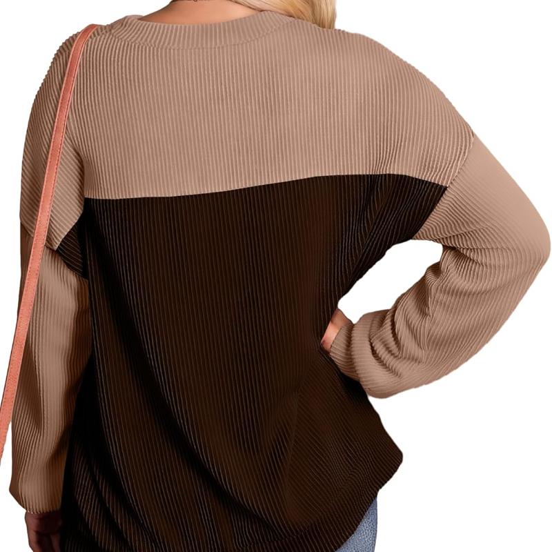Женские модные цветные блоки с длинным рукавом и круглым вырезом, трикотажные ребристые повседневные свободные пуловеры