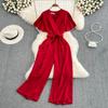 Fashion Temperament Bubble Sleeve V-neck High Waist Jumpsuit Lace Up Waist Narrow Wide Leg Trousers Casual Jumpsuit Women