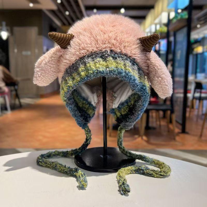 Милая маленькая кашемировая шапка Женская осенне-зимняя теплая шапка с завязками Вязаная шапка-ушанка Универсальный пуловер Универсальные милые рожки Плюшевая шапка-бомбер для мужчин