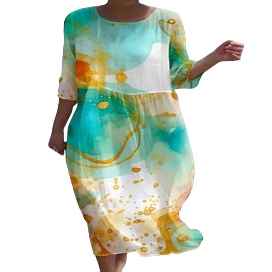 Летнее женское платье с круглым вырезом и цветочным принтом, свободное трапециевидное платье с длинными рукавами, тонкий пуловер, повседневная одежда, пляжное платье миди для отпуска