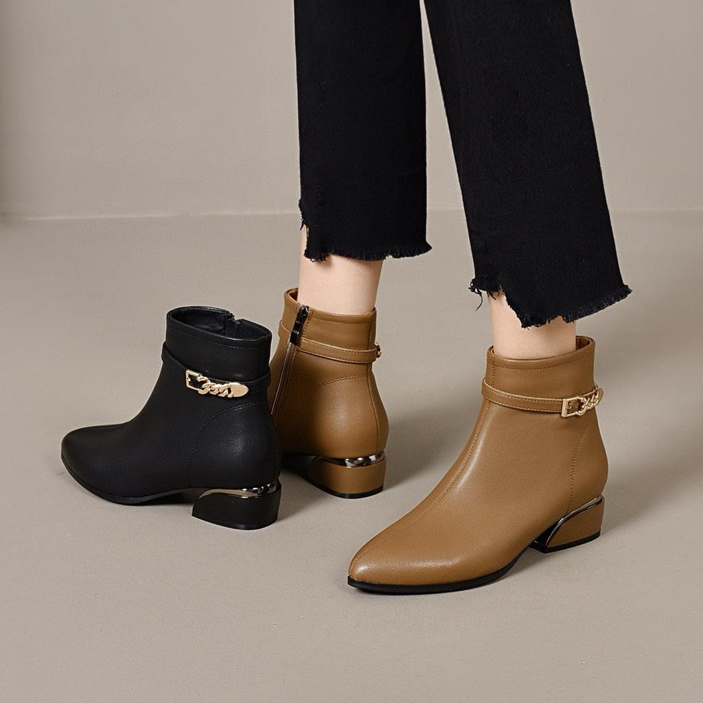 Остроносые короткие ботинки женские осенне-зимние с металлической пряжкой на низком каблуке хлопковые ботинки простые темпераментные модные ботинки женские ботинки на плоской подошве