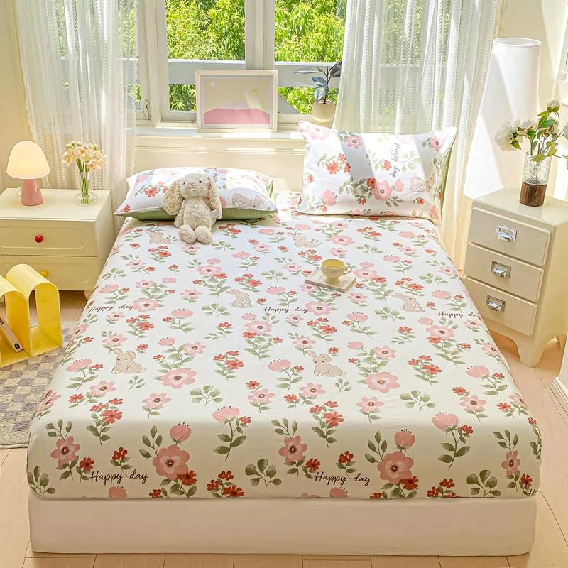 Pure Cotton Printed Fitted Sheet Soft Comfortable Mattress Cover With Elastic Band For Single Double Queen Size Bed