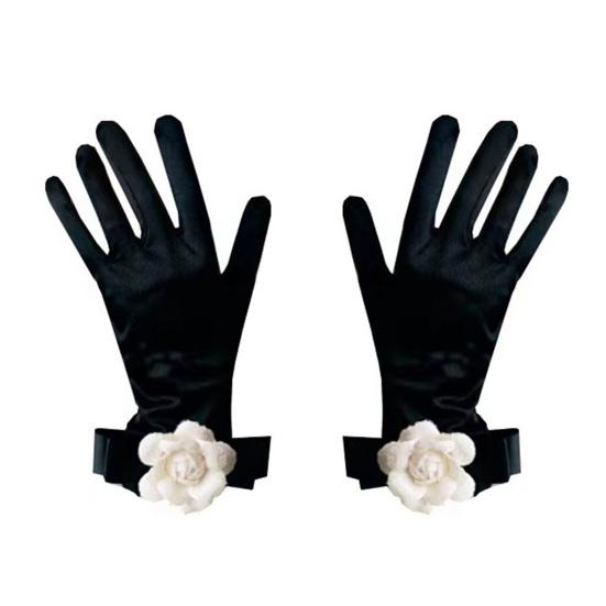 Женские бархатные перчатки Ретро черные перчатки с цветами на запястье Глянцевые винтажные свадебные перчатки для свадеб, банкетов, званых обедов, коктейльных вечеринок