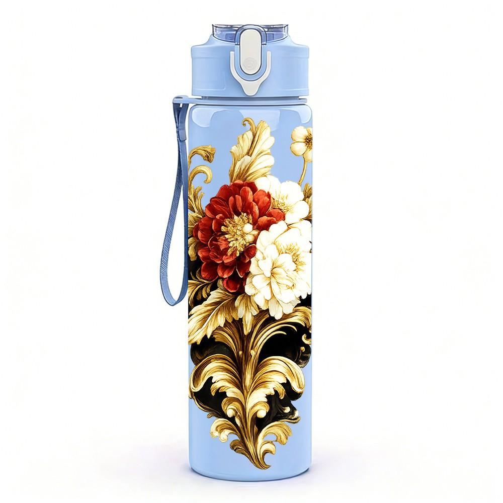 1PC Dried Wheat Floral Bouquet Print 750ml Color Plastic Sports Water Bottle Leakproof Flip Straw Lid Suitable for Sports Office Home Use