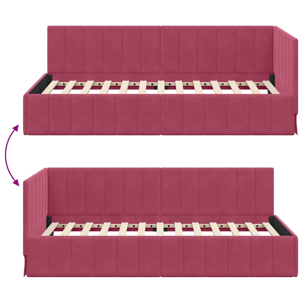L shaped bed frame with headboard burgundy 90 cm x 190 cm velvet