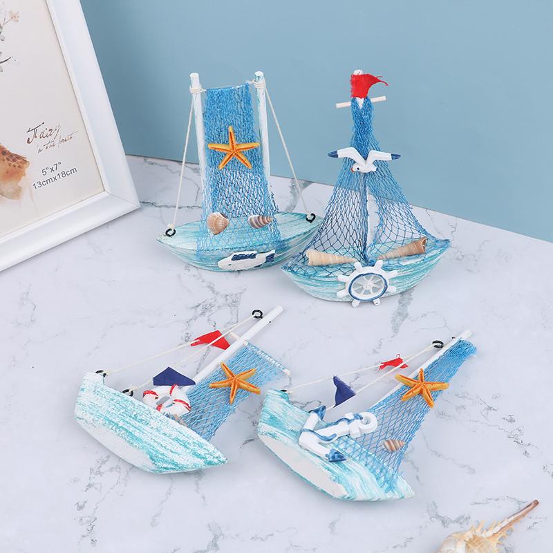 1PCS Mediterranean Style Marine Nautical Wooden Blue Sailing Boat Ship Wood Crafts Ornaments Party Home Decoration