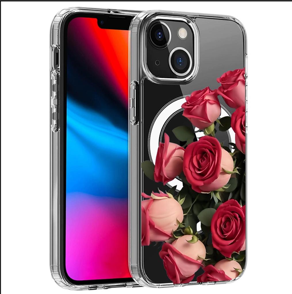 Прозрачный магнитный чехол с красной розой для iPhone 15/16/17 Pro Max - Полное покрытие Pro
