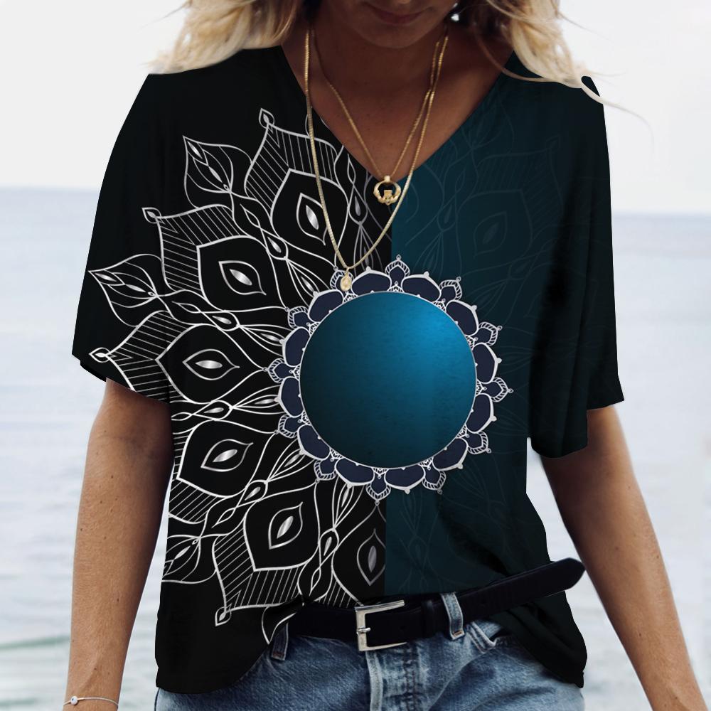 2023 Новая женская одежда, летняя футболка с принтом, топы с короткими рукавами и градиентом мандалы, пуловер с v-образным вырезом, футболки, повседневная уличная одежда, большие размеры 5XL