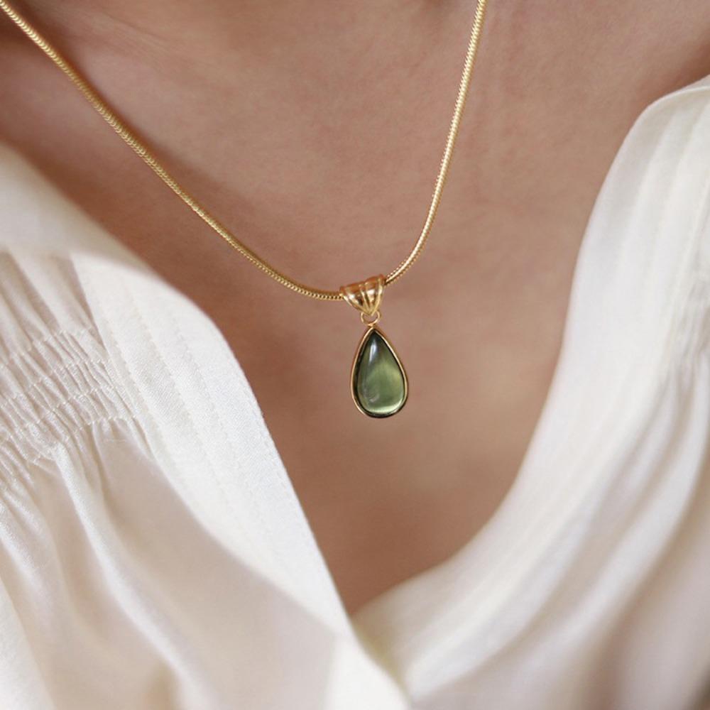 Olive-green Water Drop Neck Chain Colorfast Snake Bone Chain Necklace Drop Pendant Necklace Unisex