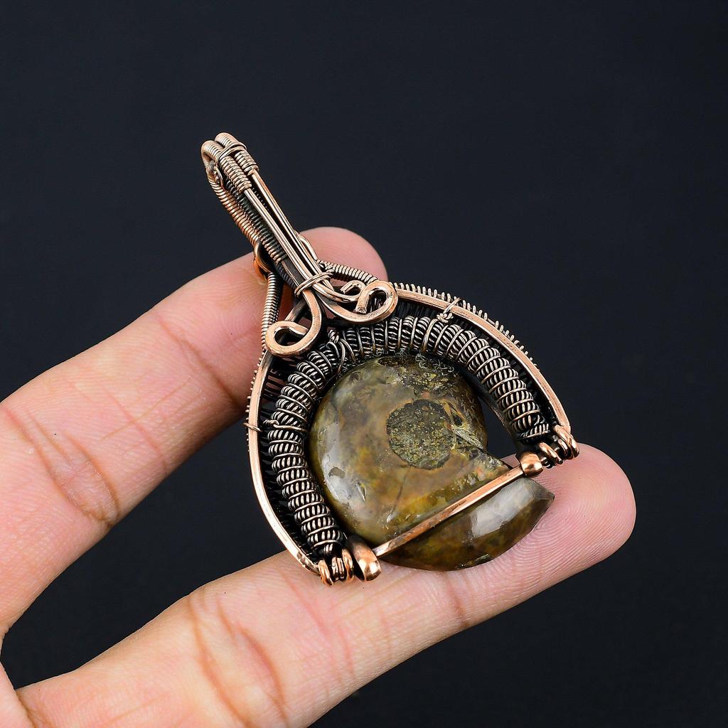 Amazing Ammonite Fossil Gemstone Handmade Pure Copper Wire Wrapped Pendant Jewelry