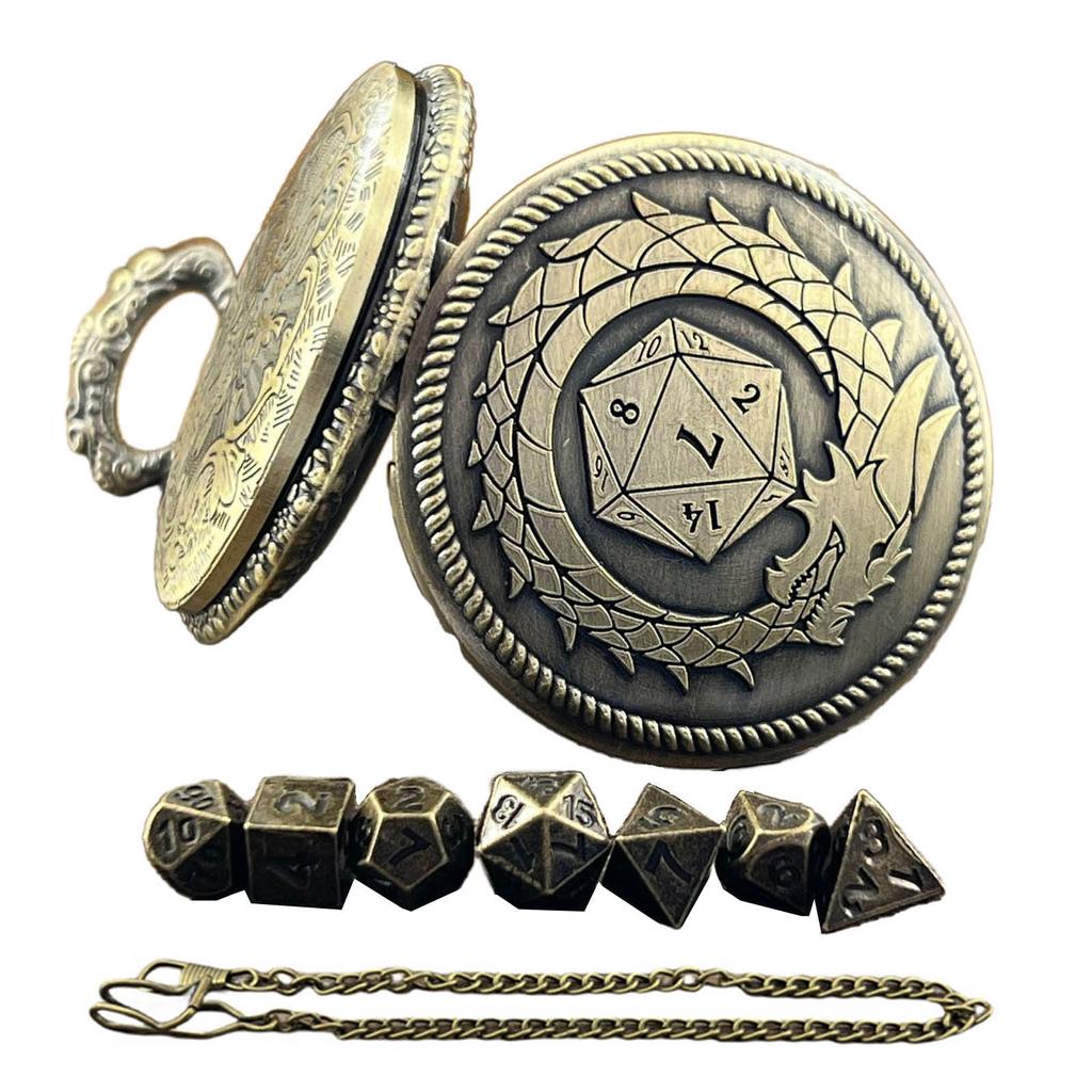 Bronze Pocket Watch with Smallest Metal Set Micro Dices Set Pocket Watch Case Suitable for Tabletop RPG and Board Games